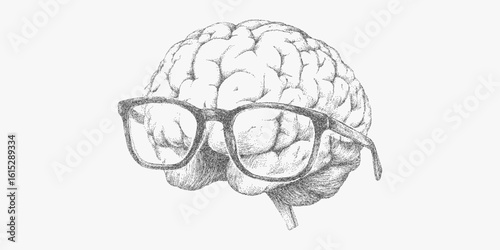 Brain with glasses on it. Stippled graphic with visible halftone pattern, photocopy noise and threshold effect, nostalgic zine look.