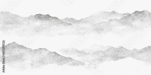 Mountain range with a lot of small dots. Classic stipple art with grainy halftone dots, photocopy paper texture and threshold details for a raw retro style.