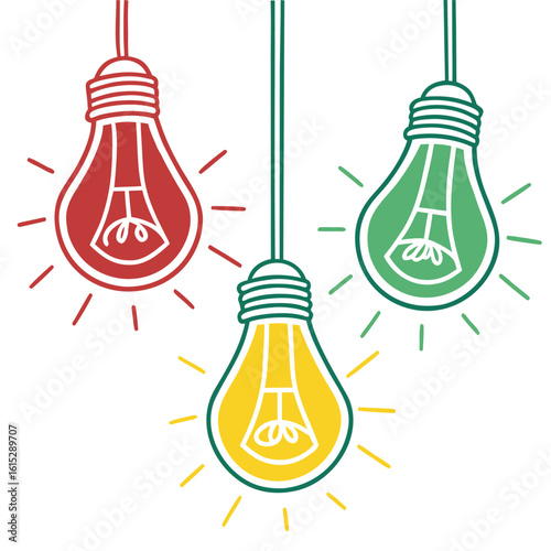 Three hanging light bulbs in red, yellow, and green radiate on a white background