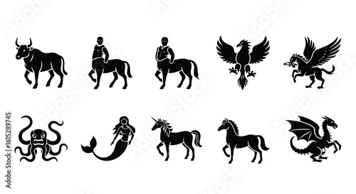 Silhouette animals, unicorn, equestrian, art, riding, nature, stallion, outline, pet, pony, wild, gallop, equine vector illustration set