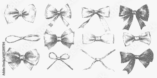 Set of bows with different shapes and sizes. Retro style stipple artwork featuring grainy halftone shading and a bold photocopy threshold finish.