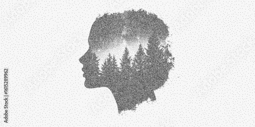 Woman's head with trees. Simple sketch with gritty halftone dots, rough paper effect and contrast threshold feel.