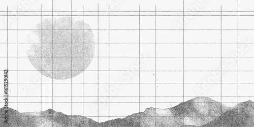 Black mountain range with a large sun in the sky. Retro stipple illustration with noisy halftone texture, print look and bold threshold outlines.