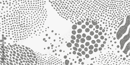 Black and white pattern of dots, chaos. Old print sketch with grainy texture, threshold contrast, halftone shading.