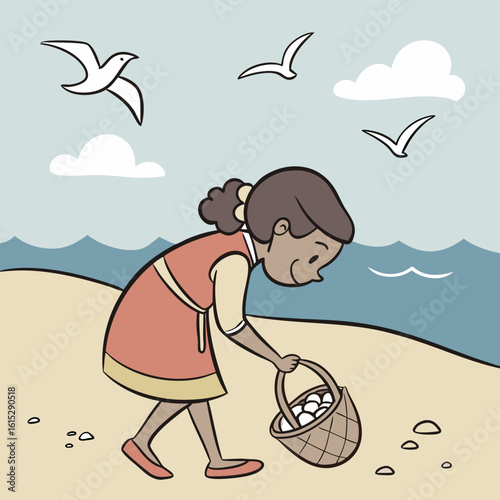 Girl picking up shells on a beach with birds flying above and a basket full of shells in her hand near the sea