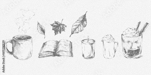 Drawing of cup, book, leaf and coffee. Grunge style threshold artwork with gritty monochrome texture and photocopy edge effect.