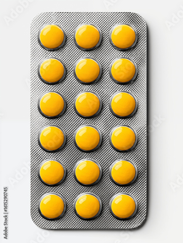 A blister pack of round yellow tablets on a light gray background, pharmaceutical , medicine