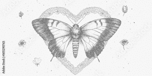 Butterfly is drawn in a heart shape. Minimal drawing in gritty stipple style with threshold edges and subtle halftone texture.