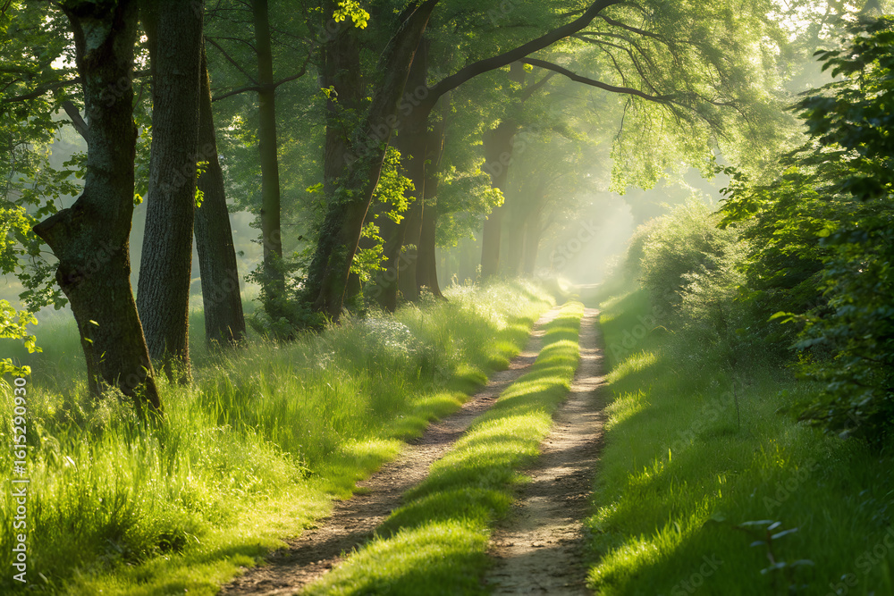 Fototapeta premium A Winding Path Through a Sunlit Forest Awakening with Morning Light