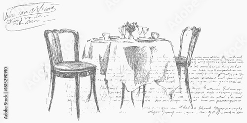 Table with tablecloth and chairs. Black sketch with vintage halftone dots, rough paper texture and sharp threshold look.