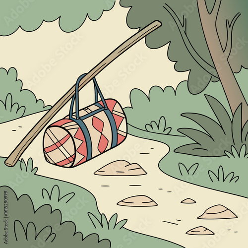 A patterned duffel bag hangs from a stick carried through a forest path with trees and bushes around it