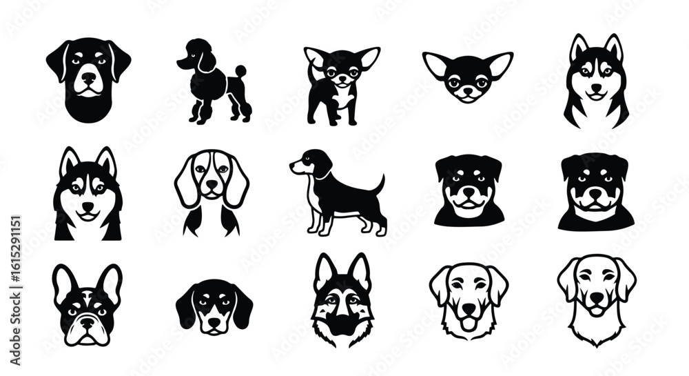 Fototapeta premium Vector silhouette illustration a collection of black silhouette icons depicting different dog breeds