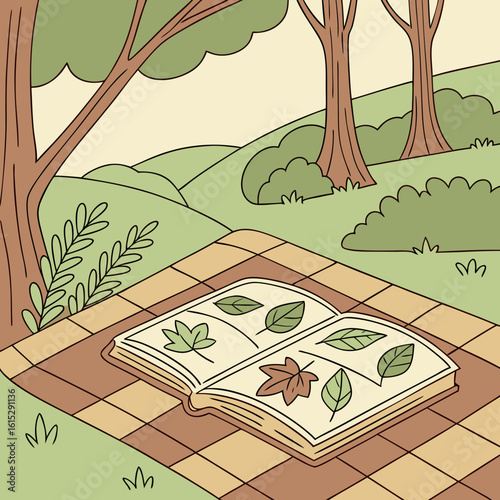 Open book with pressed leaves on a picnic blanket in a park with trees and bushes in the background