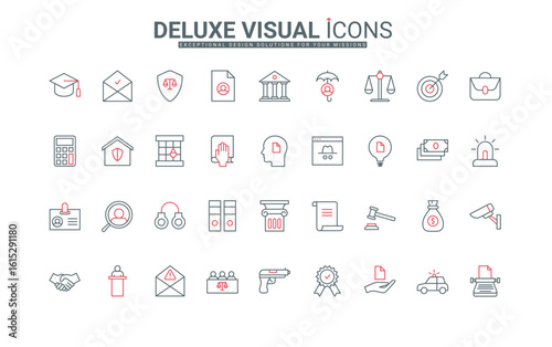 Judgement, police and legal law line icons set. Lawyer and attorney authority, gavel of judge and court building, briefcase and handcuff thin black and red outline symbols, vector illustration