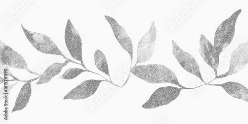 Cute pattern with leaves. Textured dotwork illustration with blurred ink stains, aged threshold lines, sand grit.
