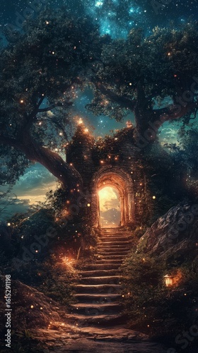 Pathway Leading to Light Through Stone Archway with Starry Sky Above