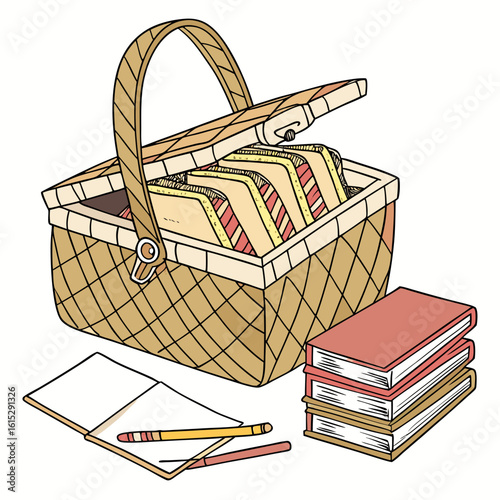 Illustration of an open picnic basket filled with sandwiches next to books and a notebook with pencils
