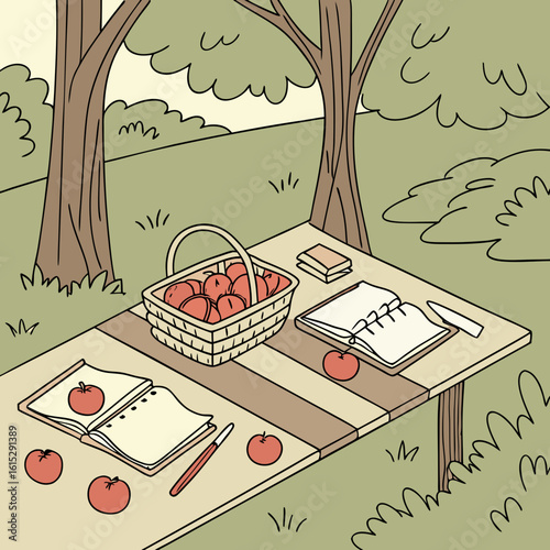 A picnic scene featuring a basket of apples, open notebooks, and pens on a table under trees in a park