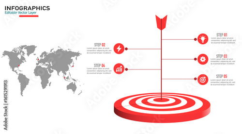 Modern business infographic template with a world map and a target goal, perfect for presentations and data visualization.