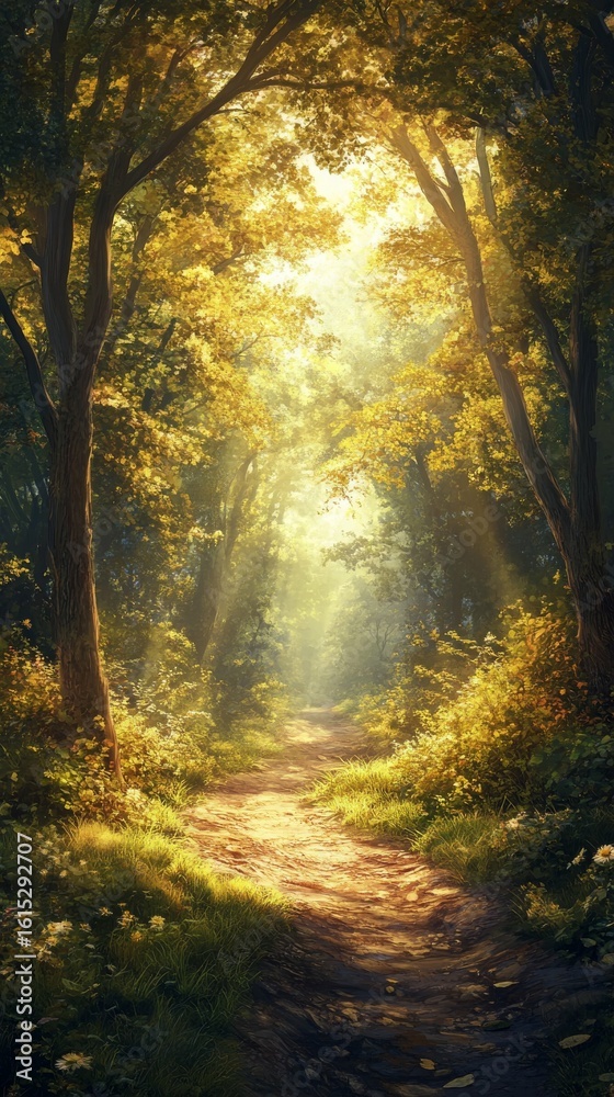 Fototapeta premium Walking Path Through Forest with Sunlight Streaming Through the Trees