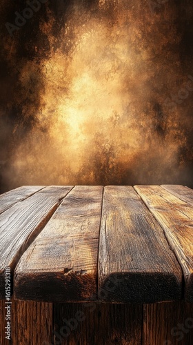 Rustic Wooden Table with Abstract Golden Background Texture