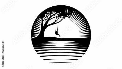 Silhouette of a person on a swing hanging from a tree branch near water with sun rays in the background