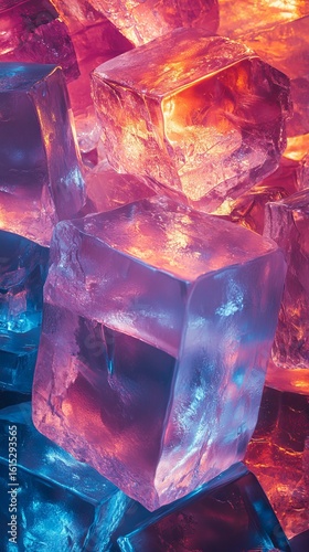 Pile of Ice Cubes Reflecting Blue and Red Light