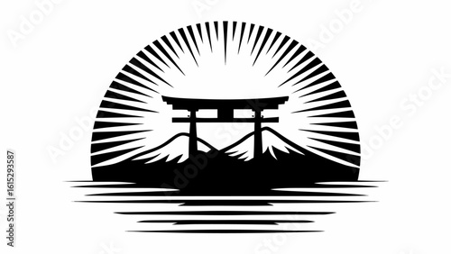 Silhouette of a torii gate with mountains and sun rays rising over water in a graphic design style