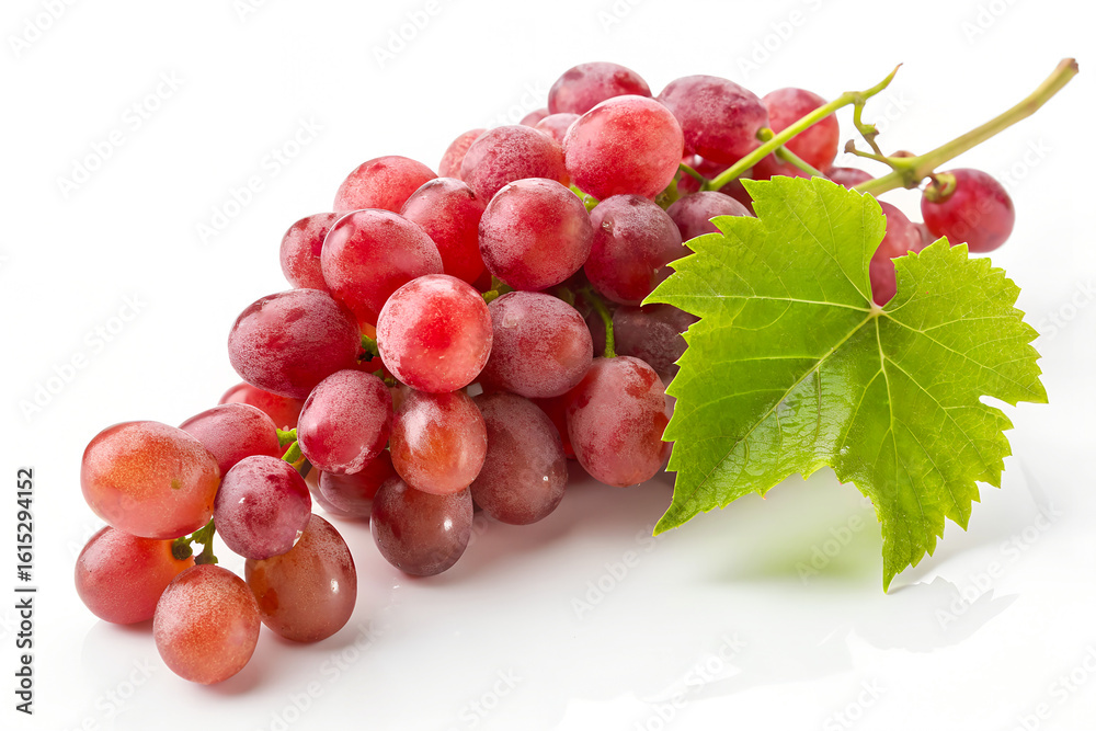 Obraz premium Bunch of Juicy Red Grapes with Fresh Green Leaf on White Background