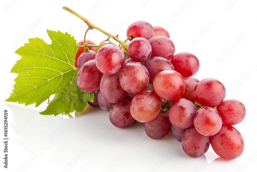 Fototapeta premium Fresh Red Grapes with Green Leaf on White Background