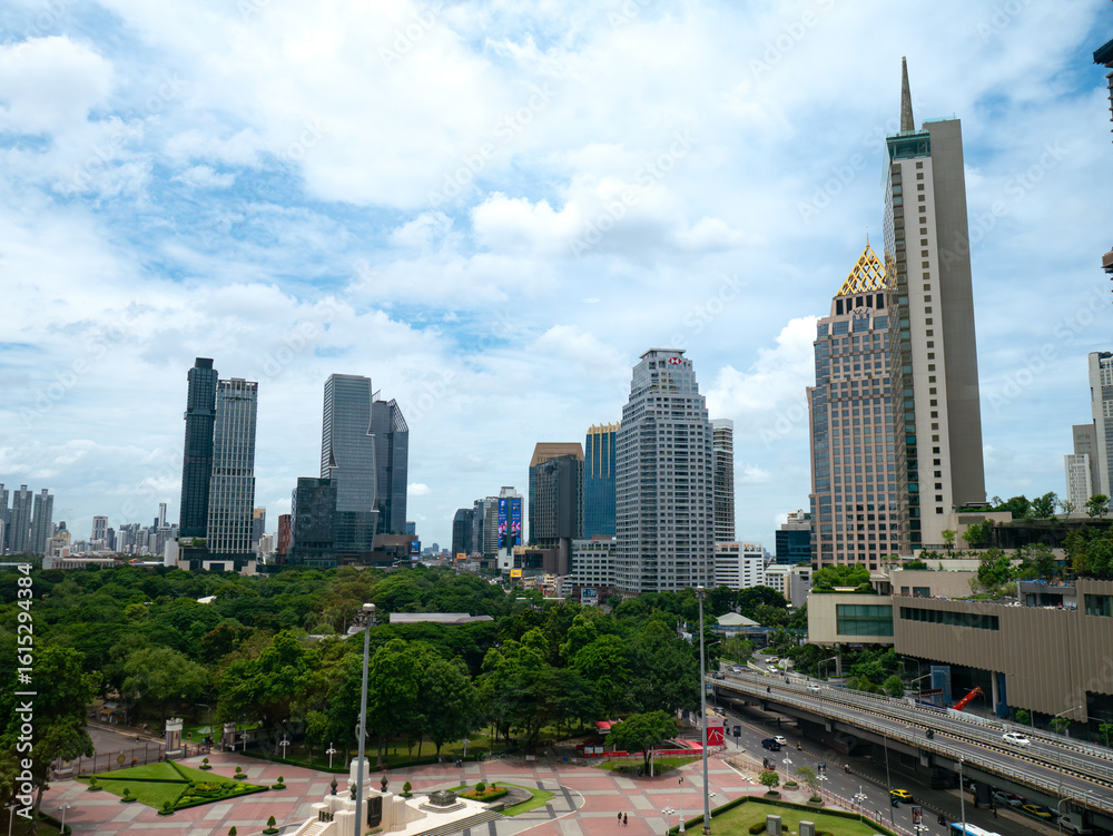 Fototapeta premium Bangkok cityscape skyline Thailand, Lumphini Public park and Bangkok cityscape in metropolis city.