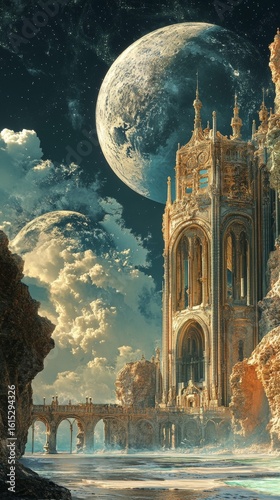 Fantasy Tower with Planets and Arched Bridge Over Water