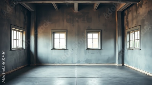 Wallpaper Mural Empty Industrial Room with Weathered Concrete Walls-Vacant interior space featuring raw concrete floors, distressed walls, and three small windows, ideal for renovation, design, or industrial concept Torontodigital.ca