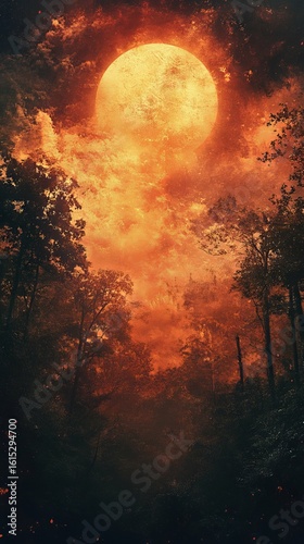 Full Moon Shining Over Forest Trees at Night with Orange Clouds
