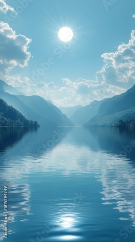 Lake Reflecting Mountains and Sky on Bright Sunny Day