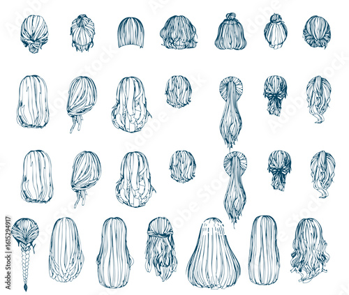 Hand drawn vector illustration - set of ladies fashion hairstyle 