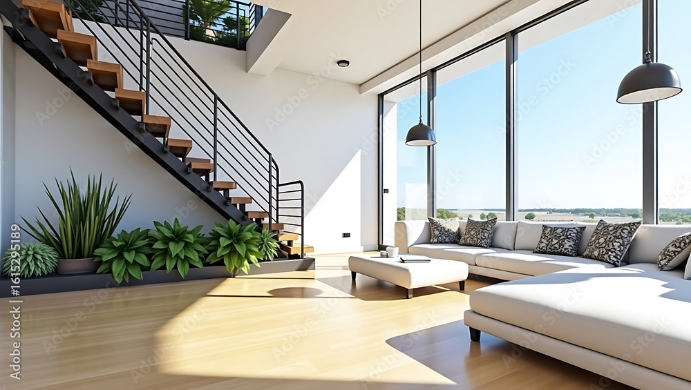 Fototapeta premium Modern living room with large windows and indoor plants-Bright and stylish living space featuring floor-to-ceiling windows, a staircase with black railing, minimalist furniture, and lush indoor plant