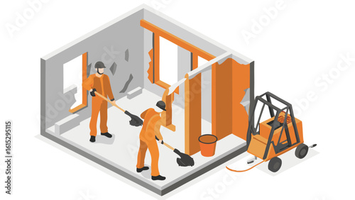 Isometric view of construction workers demolishing interior walls with a forklift present in the room