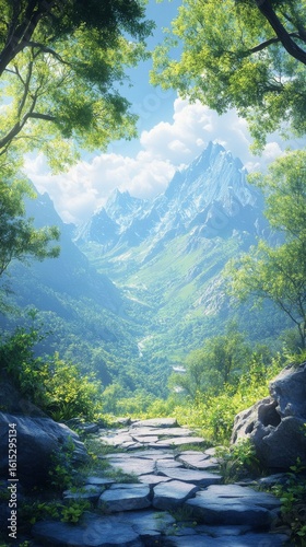 Hiking Trail Leading to Distant Mountains and Blue Sky
