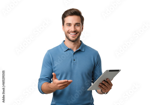 Smiling Man Presenting with Tablet, isolated on a transparent background

