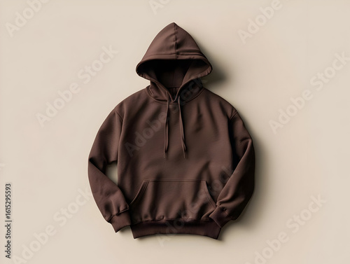 Chocolate brown hoodie, folded over on a beige background.  A plain, unbranded hoodie with a drawstring hood, long sleeves, and a kangaroo pocket is prominently displayed