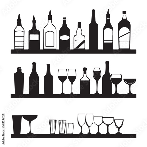 Bar Shelf Silhouette with Bottles and Glassware, Bar Shelf vector illustration, Black and white silhouette of a bar scene with guests, Silhouette of bar shelves with glass bottles on white background