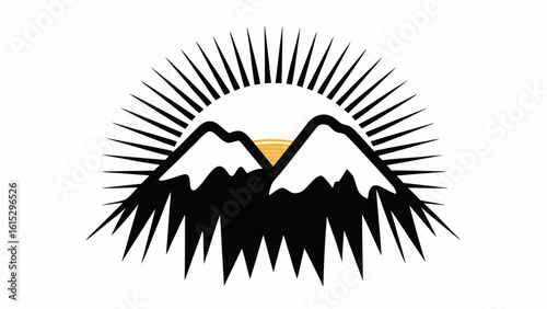 Illustration of a mountain range with snow capped peaks and sun rays emanating from behind, in black and white