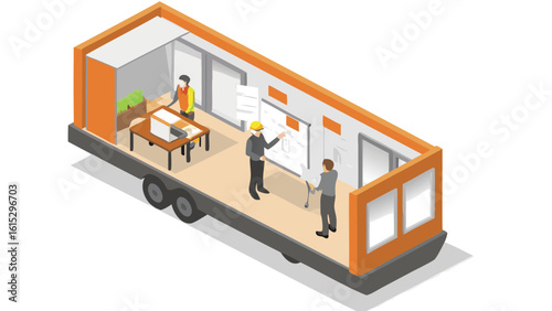 Isometric view of a mobile office trailer with workers discussing plans on a whiteboard inside the trailer