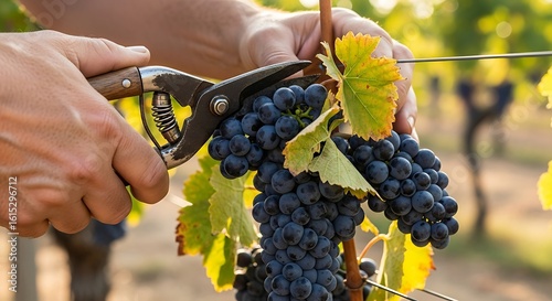 Close-up of hands using pruning shears to harvest a bunch of ripe, dark grapes from a grapevine in a vineyard.