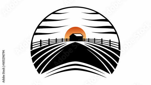 Illustration of a farm scene with a barn, fence, road, and sun in a semi circular frame with horizon lines