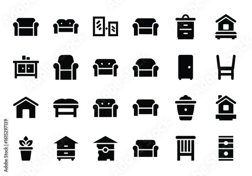 Vector art of a collection of black and white furniture icons representing common household objects and interior design elements