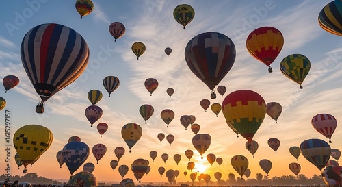 A multitude of colorful hot air balloons ascend into a partly cloudy sky at sunrise, creating a vibrant and dynamic aerial spectacle.
