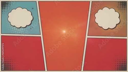 Retro Comic Book Page Template with Speech Bubbles and Sunburst Effect