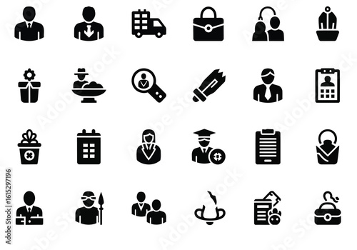 Vector art of a collection of various business and personal icons representing different concepts and professions
